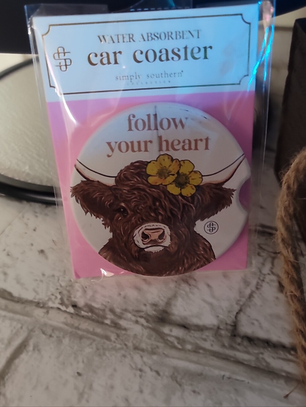 Simply Southern Pink Highland Cow 'Follow Your Heart' Car Coaster